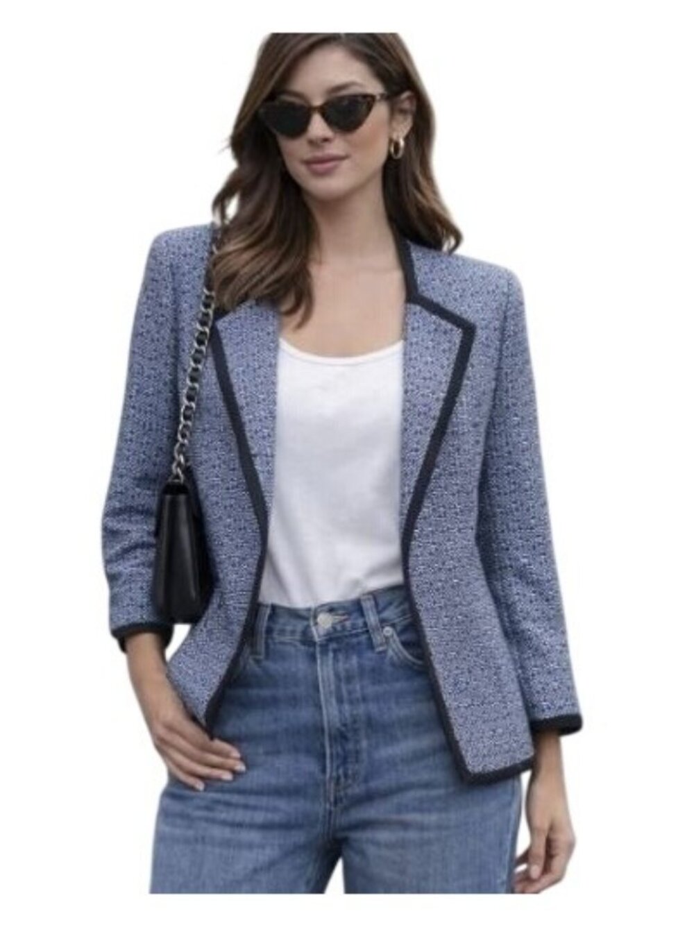 Black Label By Evan-Picone Tweed Blazer Jacket Size 18 Blue Open Fornt Black